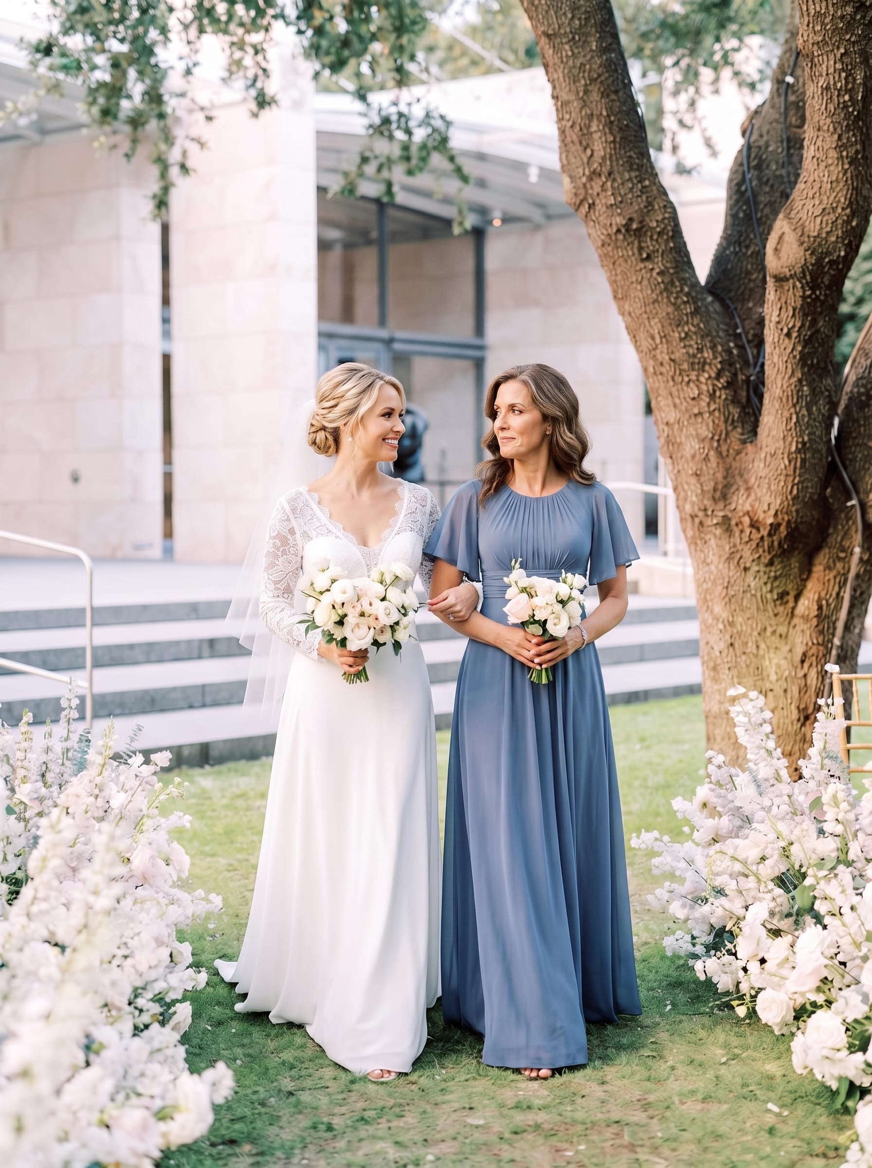 Bodenlanger A-Linien Chiffonkleid Mit Falten Und Rüschen Details Rundhals #Farbe_Taubenblau