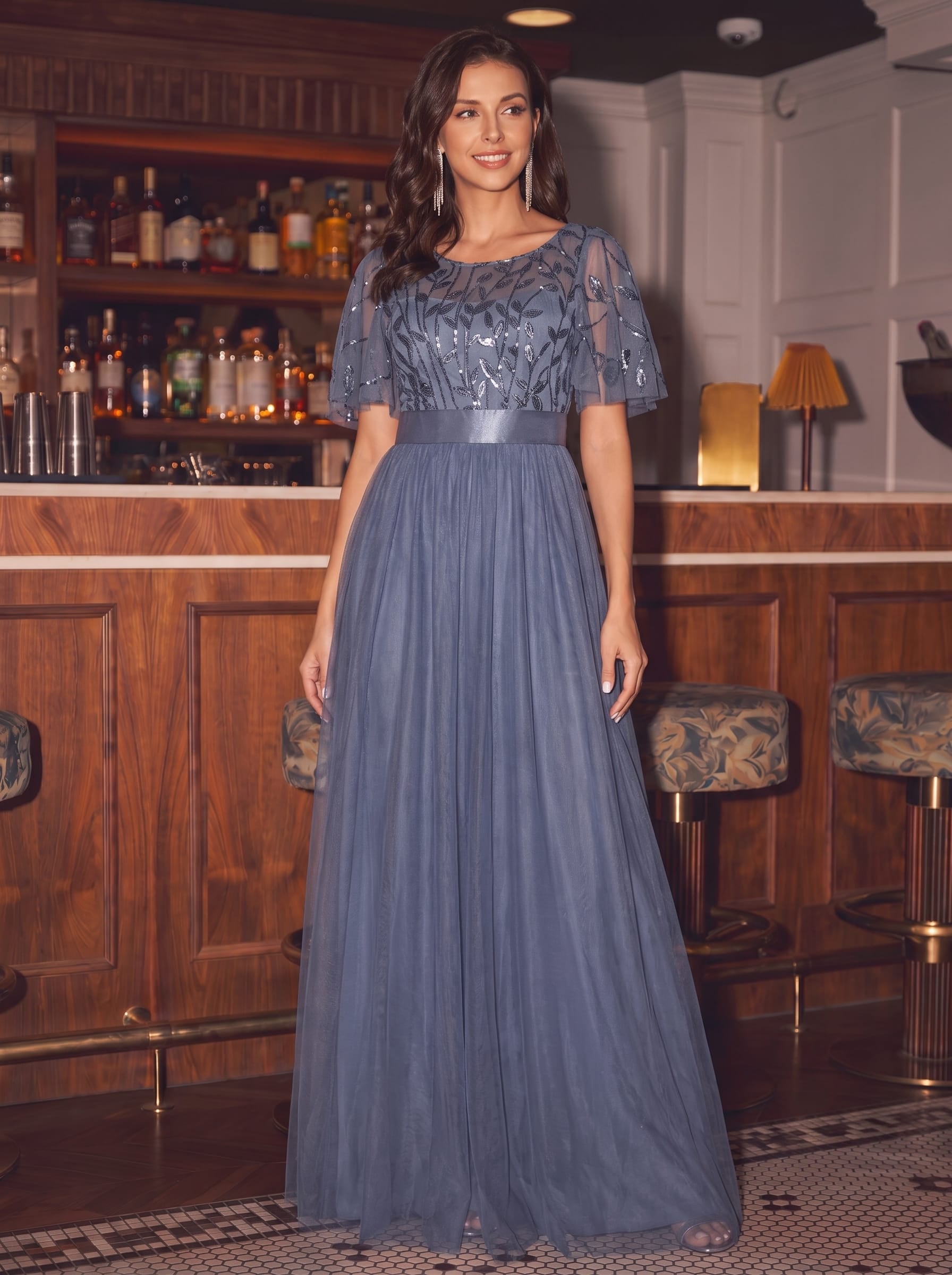 Damen A-Line Kurzarm Stickerei Bodenlanges Abendkleid #Farbe_Taubenblau