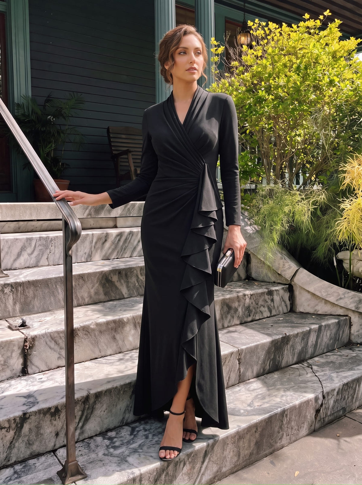 Asymmetrischer Saum V Neck Figurbetontes Kleid Aus Krepp Schlitz Volants #Farbe_Schwarz
