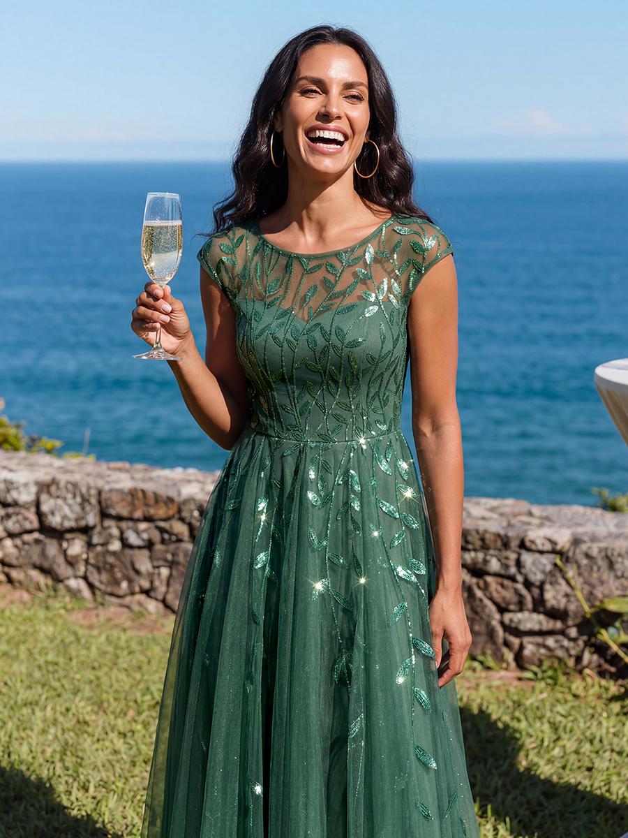 Tea L?nge A Linie Kleid Mit Rundhalsausschnitt Transparente Gestaltung Und Pailletten Kleid #Farbe_Vert Fonce