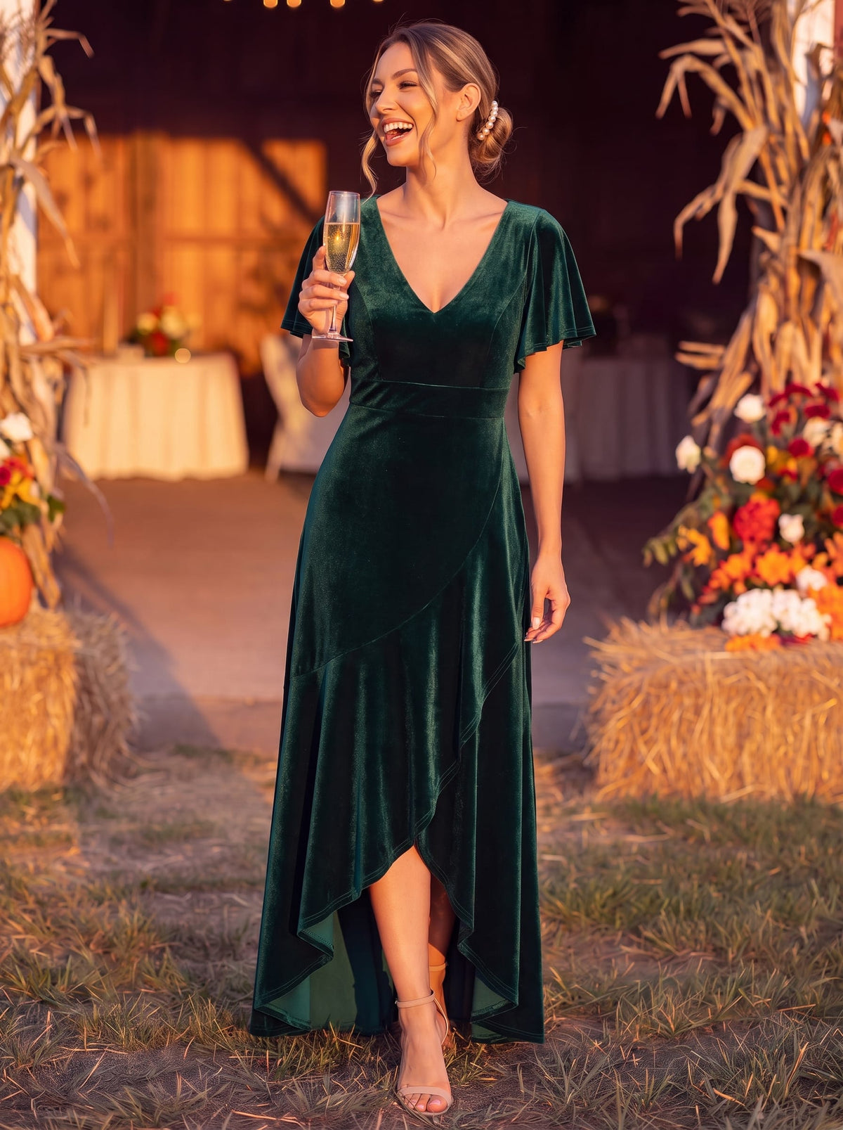 Hoch-Tief V-Ausschnitt A-Linie Samt Kleid Mit Rüschendetails #Farbe_Dunkelgrün