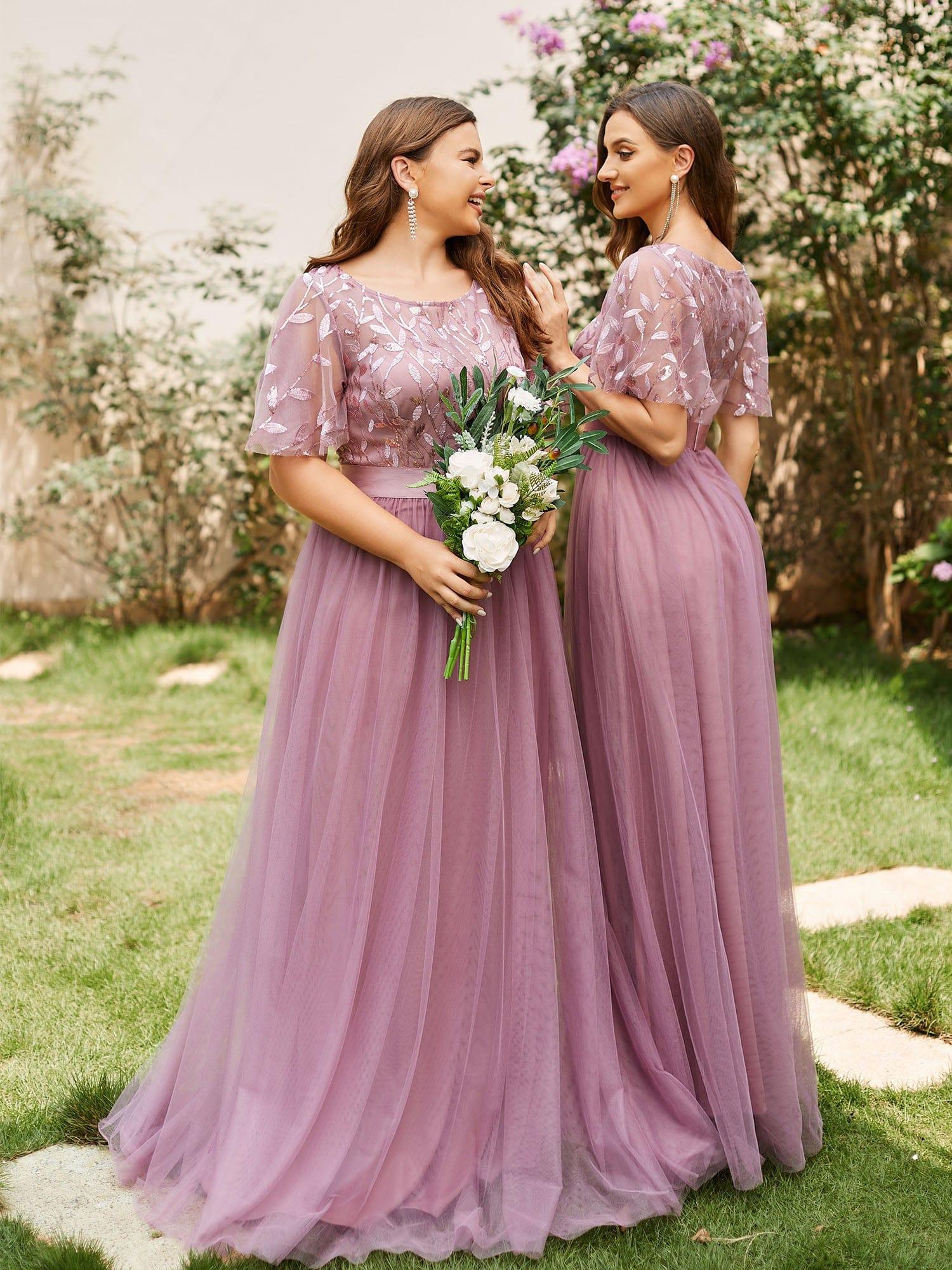 Damen A-Line Kurzarm Stickerei Bodenlanges Abendkleid #Farbe_Orchideenviolett