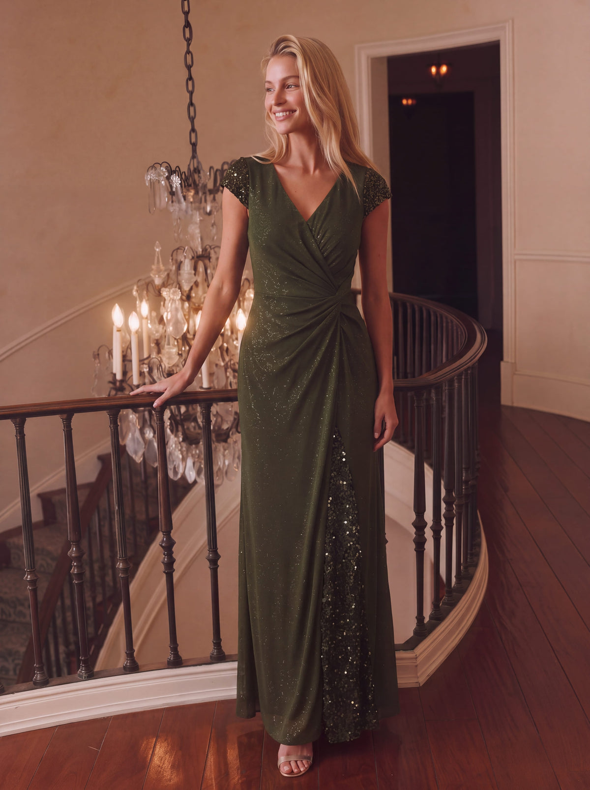 Bodenlanger V-Ausschnitt Bodycon Strickkleid Mit Geknotetem Pailletten Patchwork Glitzer Details Kleid #Farbe_Olivgrün