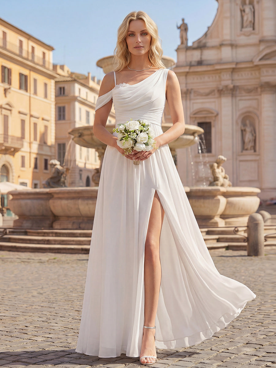 Bodenlanger Asymmetrischer A-Linien Chiffonkleid Mit Pailletten Hohem Schlitz Cowl Neck Kleid #Farbe_Weiß