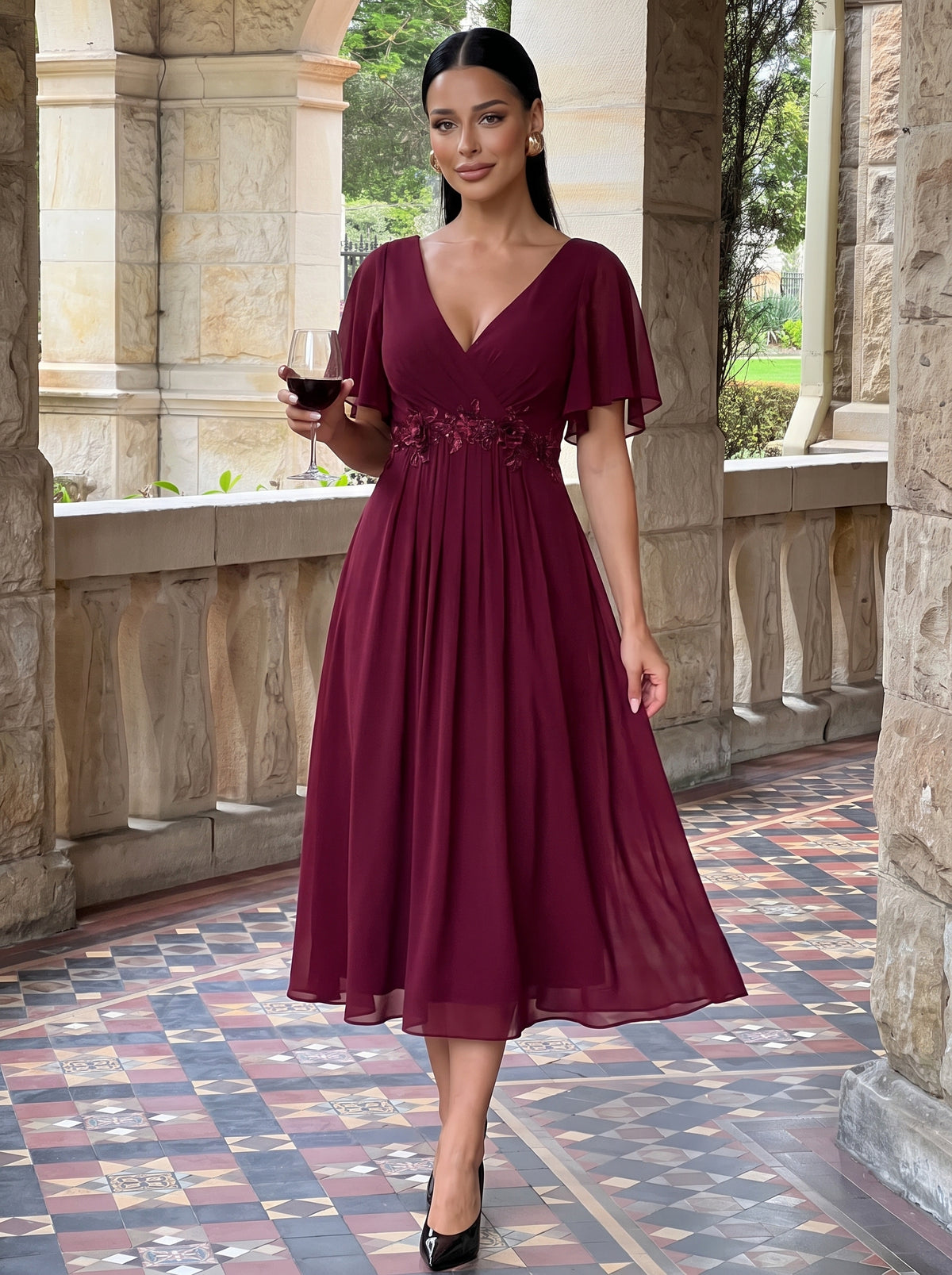 Midi Länge V-Ausschnitt A-Linie Chiffon Kleid Mit Applikationen Und Raffung Details Kleid #Farbe_Burgunderrot