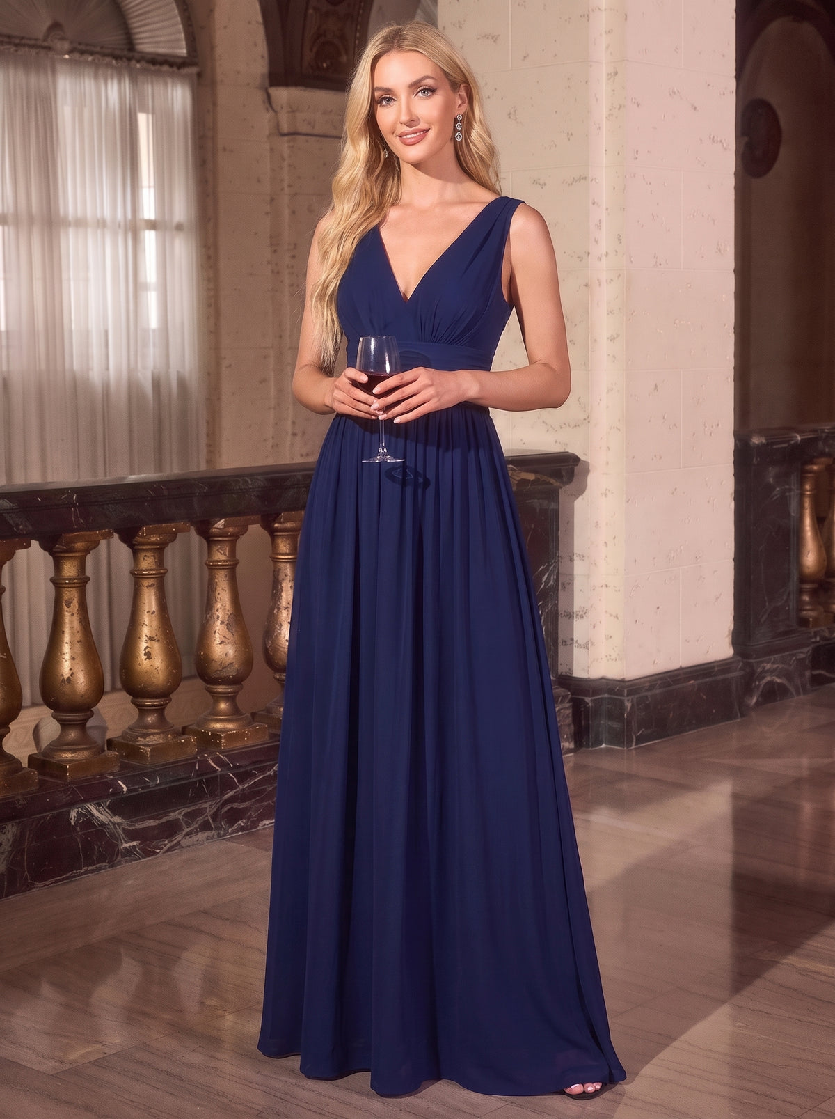 Damen V-Ausschnitt Lange Chiffon Abendkleider Festkleider 09016 #farbe_Marineblau