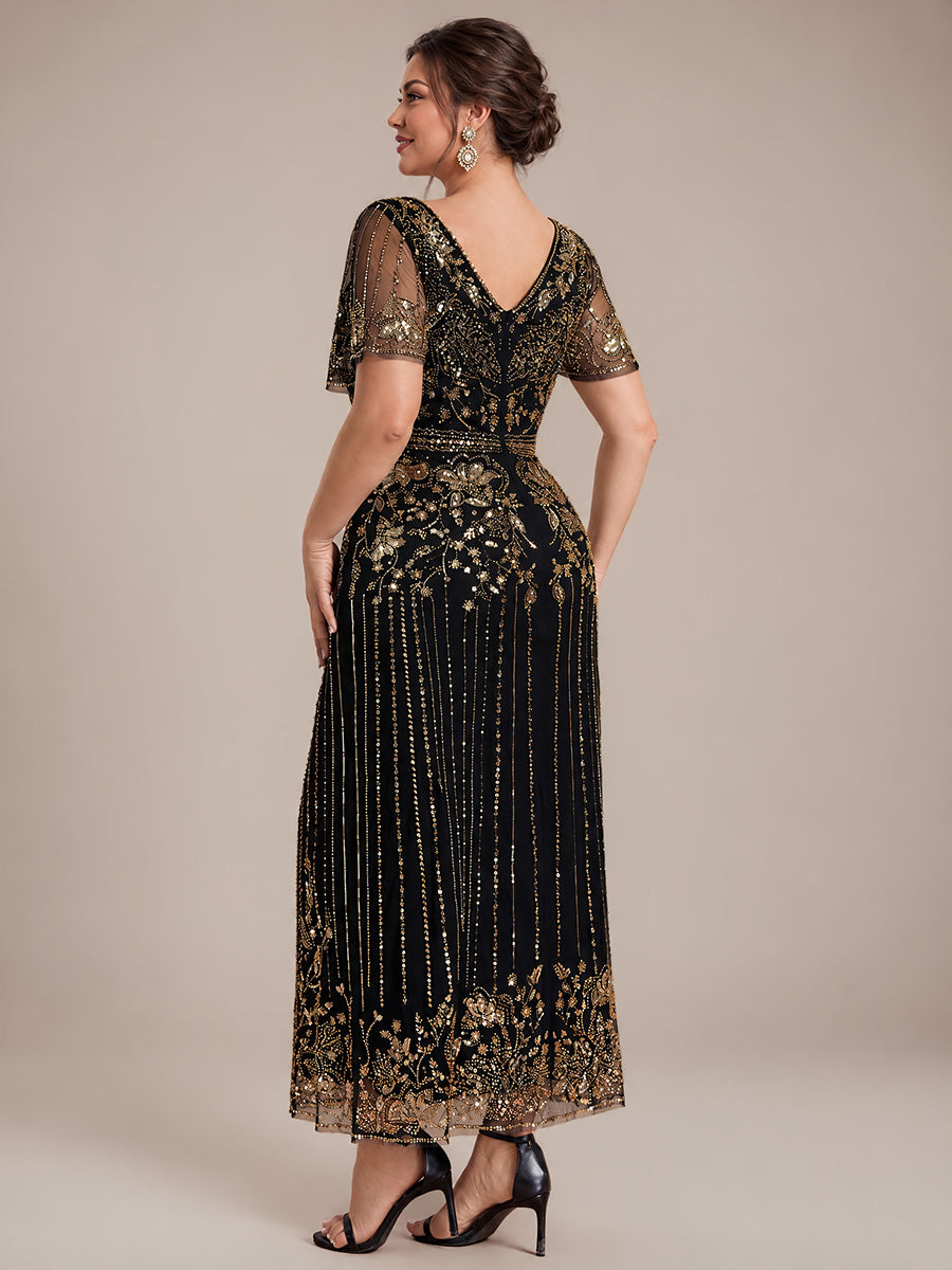 Tüll V-Ausschnitt Etui-Schnitt Volantärmel Reißverschluss hinten Kleid #Farbe_Schwarz & Gold