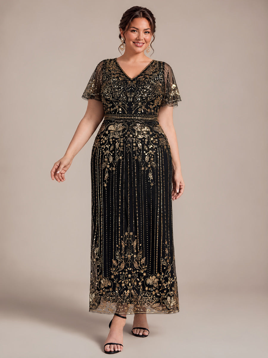 Tüll V-Ausschnitt Etui-Schnitt Volantärmel Reißverschluss hinten Kleid #Farbe_Schwarz & Gold