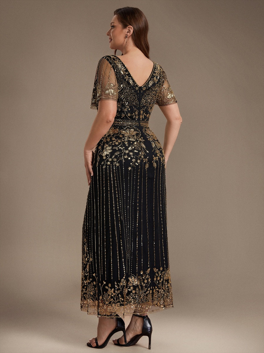 Tüll V-Ausschnitt Etui-Schnitt Volantärmel Reißverschluss hinten Kleid #Farbe_Schwarz & Gold