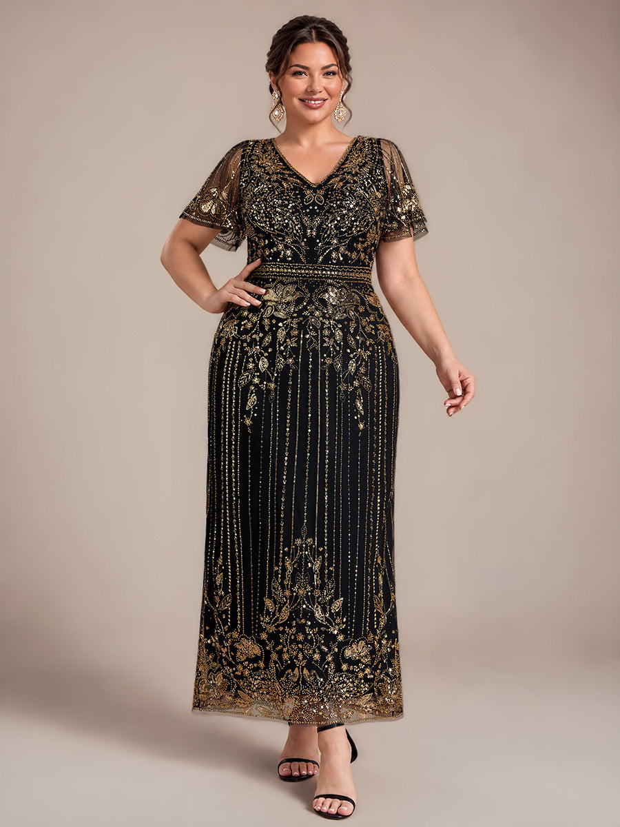 Tüll V-Ausschnitt Etui-Schnitt Volantärmel Reißverschluss hinten Kleid #Farbe_Schwarz & Gold