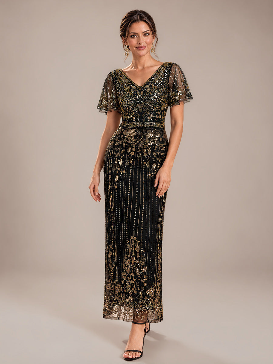 Tüll V-Ausschnitt Etui-Schnitt Volantärmel Reißverschluss hinten Kleid #Farbe_Schwarz & Gold