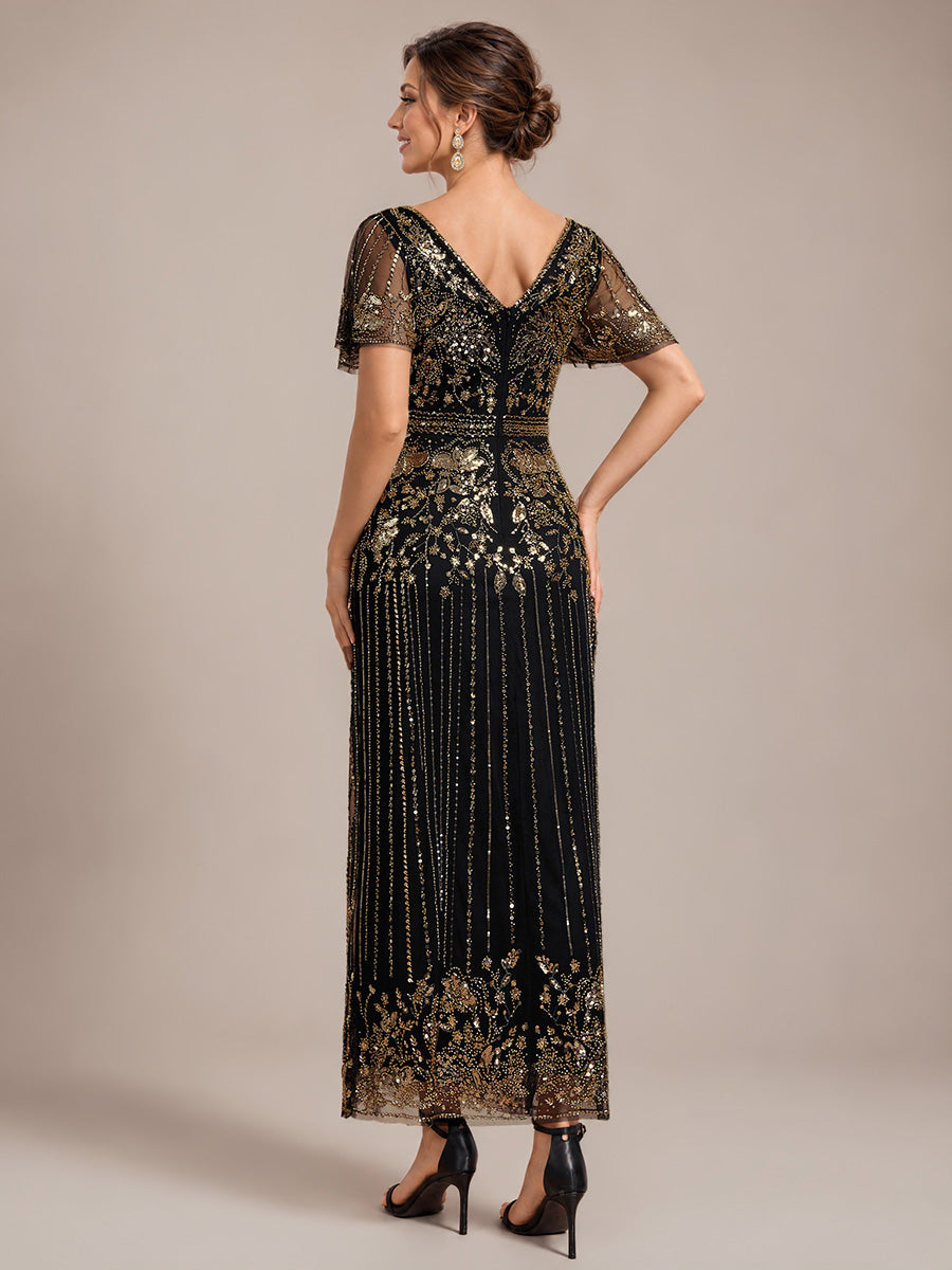 Tüll V-Ausschnitt Etui-Schnitt Volantärmel Reißverschluss hinten Kleid #Farbe_Schwarz & Gold