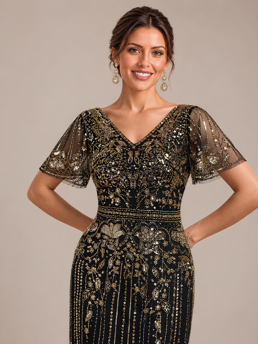 Tüll V-Ausschnitt Etui-Schnitt Volantärmel Reißverschluss hinten Kleid #Farbe_Schwarz & Gold
