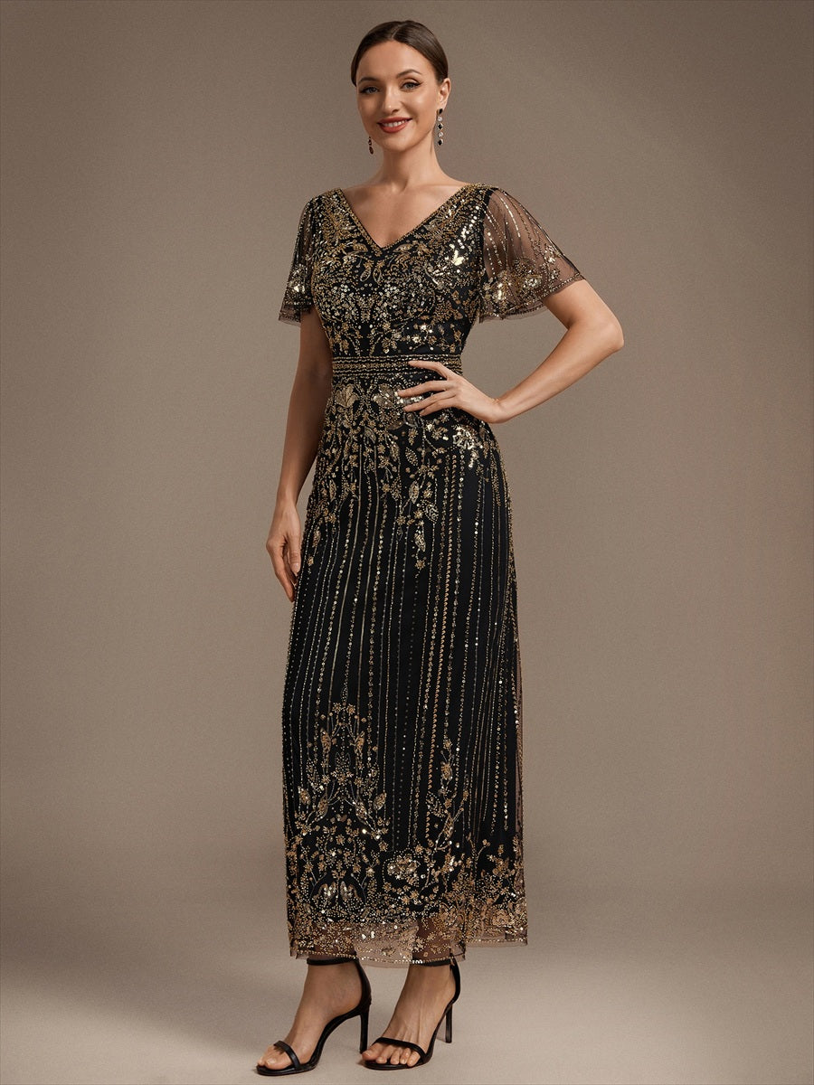 Tüll V-Ausschnitt Etui-Schnitt Volantärmel Reißverschluss hinten Kleid #Farbe_Schwarz & Gold