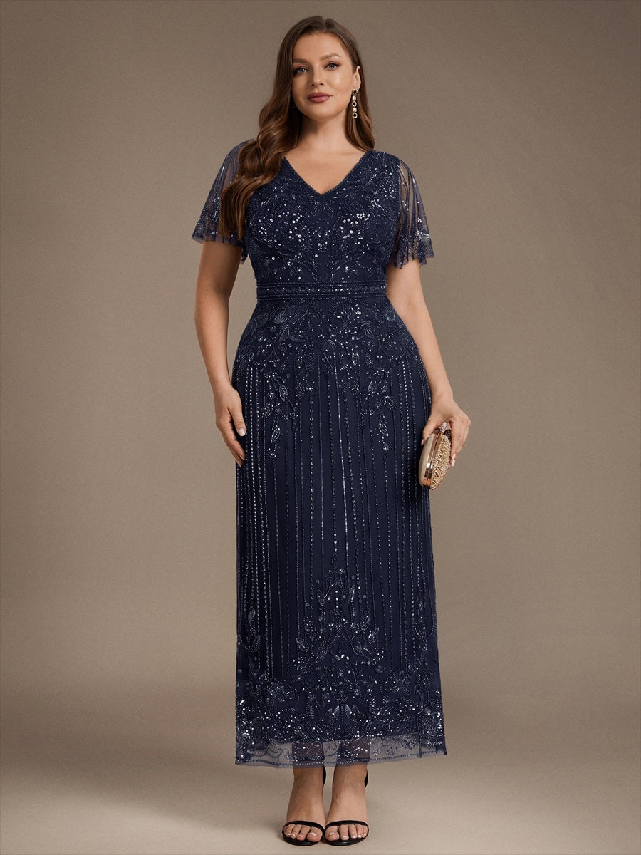 Tüll V-Ausschnitt Etui-Schnitt Volantärmel Reißverschluss hinten Kleid #Farbe_Marineblau