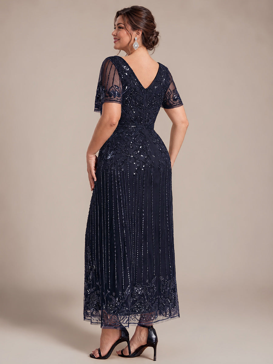 Tüll V-Ausschnitt Etui-Schnitt Volantärmel Reißverschluss hinten Kleid #Farbe_Marineblau