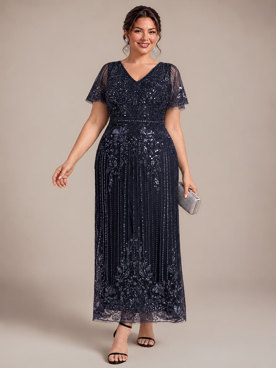 Tüll V-Ausschnitt Etui-Schnitt Volantärmel Reißverschluss hinten Kleid #Farbe_Marineblau