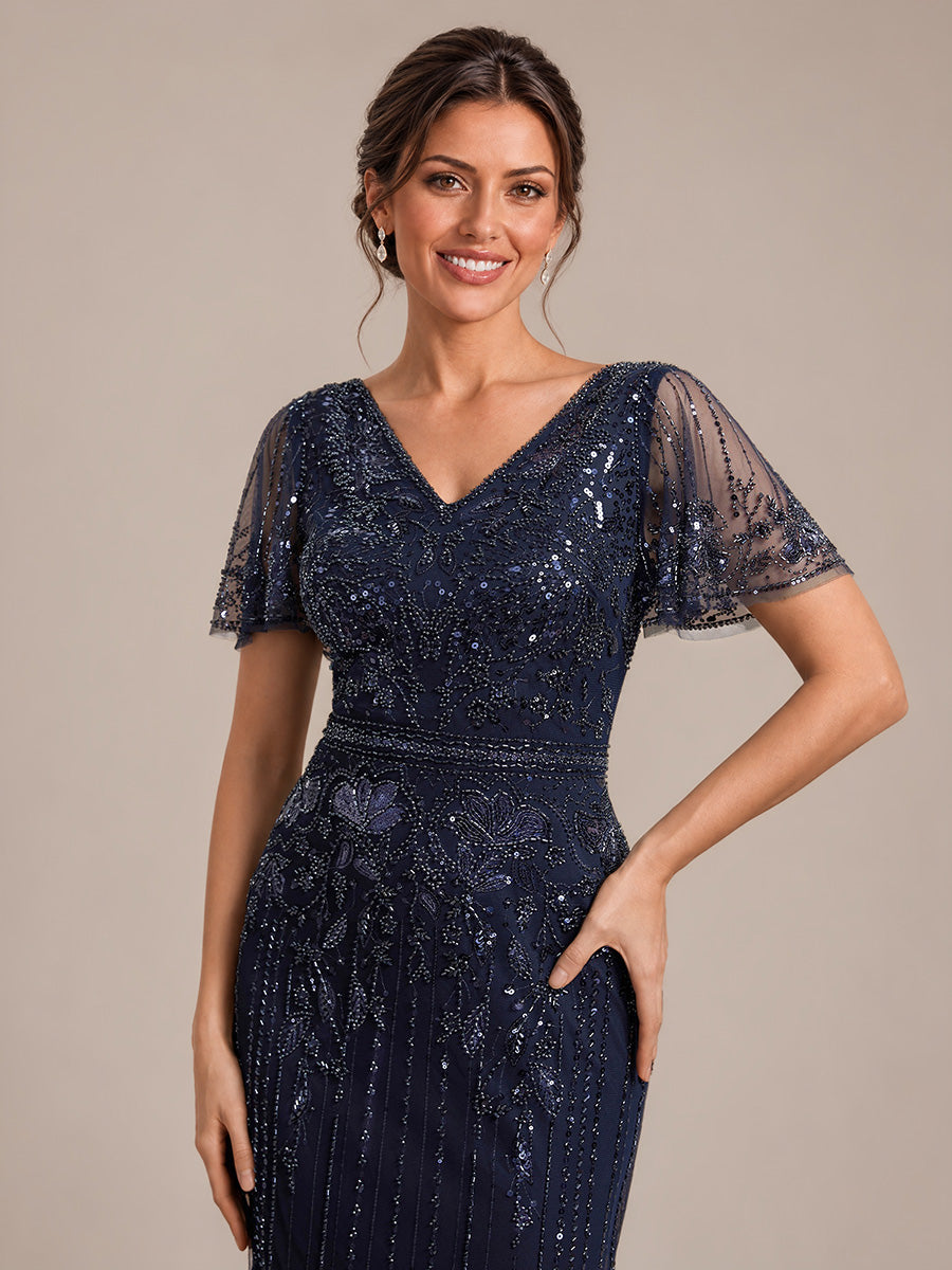 Tüll V-Ausschnitt Etui-Schnitt Volantärmel Reißverschluss hinten Kleid #Farbe_Marineblau