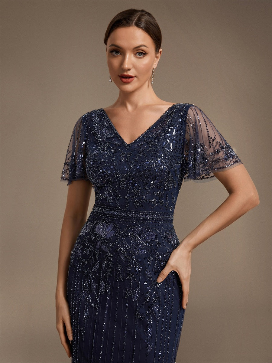 Tüll V-Ausschnitt Etui-Schnitt Volantärmel Reißverschluss hinten Kleid #Farbe_Marineblau