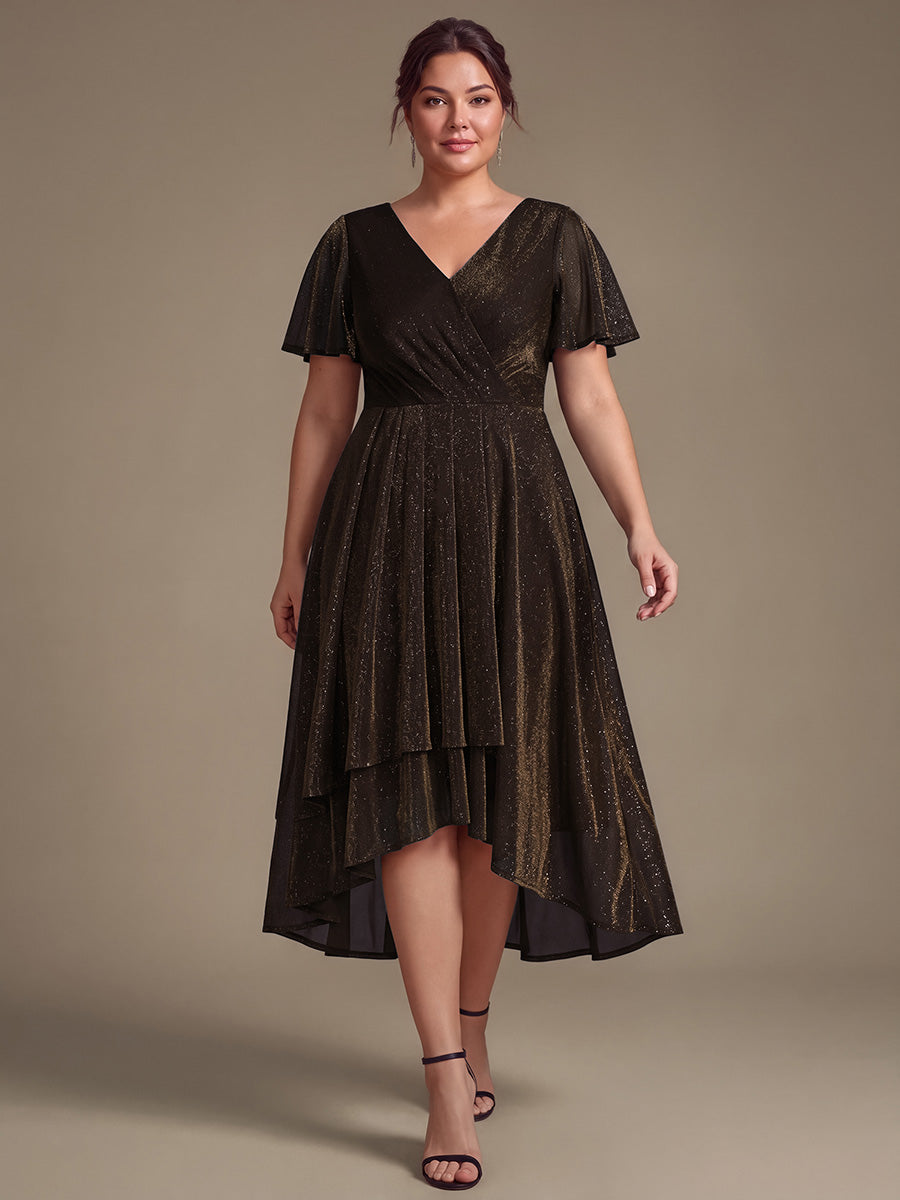 Asymmetrischer Saum Kleid Überkreuzter Ausschnitt A-Linien Schnitt Lurex Netzstoff 3D Drapierung Taschentuchsaum #Farbe_Braun