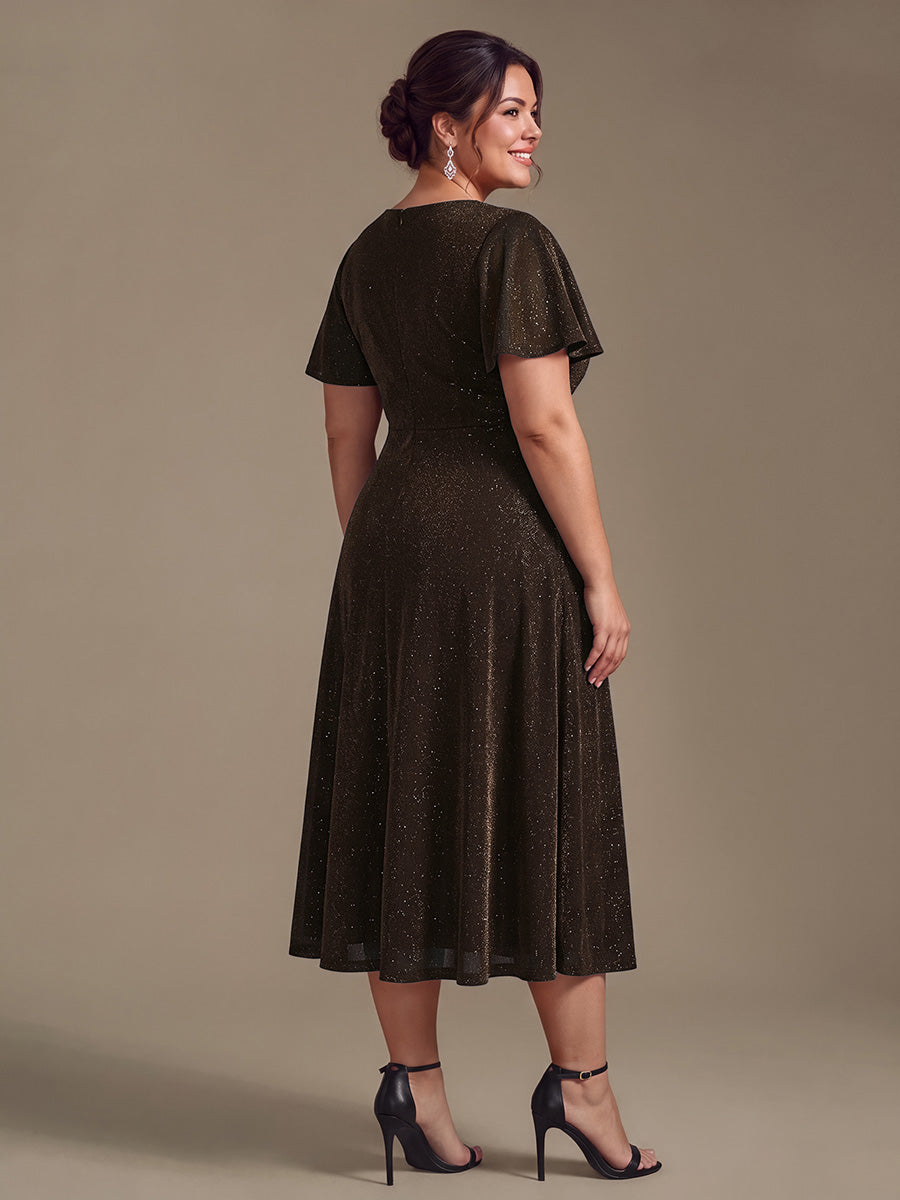 Asymmetrischer Saum Kleid Überkreuzter Ausschnitt A-Linien Schnitt Lurex Netzstoff 3D Drapierung Taschentuchsaum #Farbe_Braun
