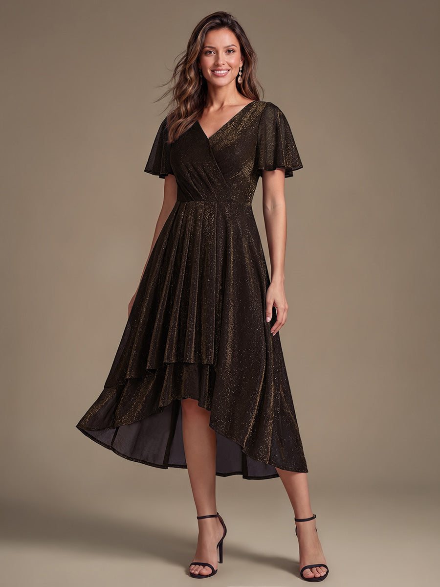 Asymmetrischer Saum Kleid Überkreuzter Ausschnitt A-Linien Schnitt Lurex Netzstoff 3D Drapierung Taschentuchsaum #Farbe_Braun