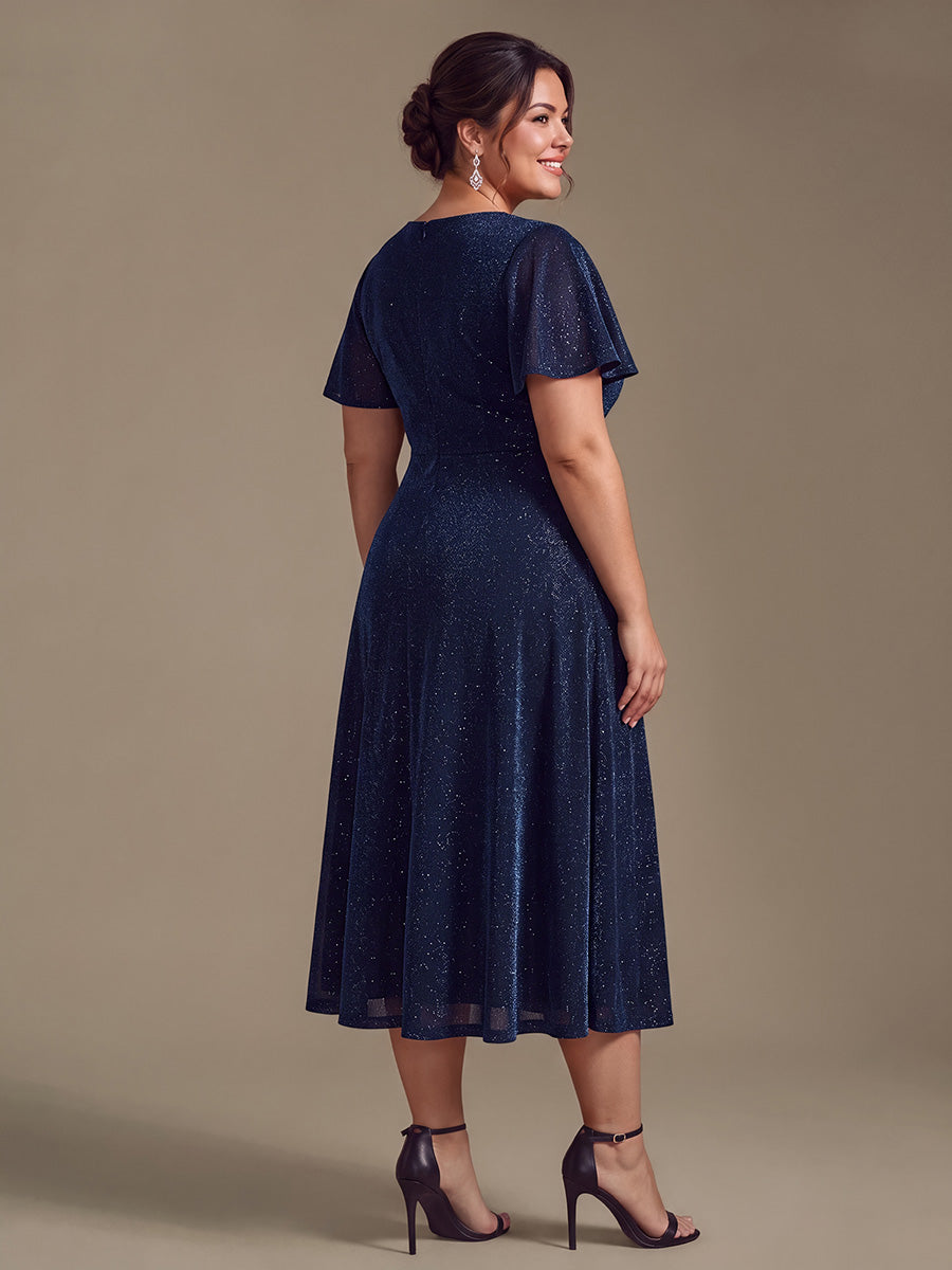 Asymmetrischer Saum Kleid Überkreuzter Ausschnitt A-Linien Schnitt Lurex Netzstoff 3D Drapierung Taschentuchsaum #Farbe_Marineblau