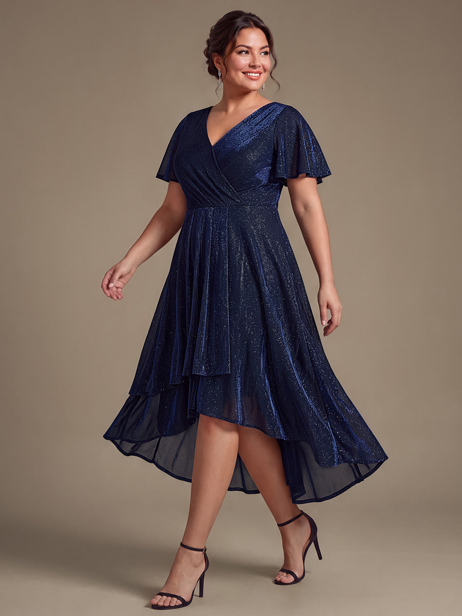 Asymmetrischer Saum Kleid Überkreuzter Ausschnitt A-Linien Schnitt Lurex Netzstoff 3D Drapierung Taschentuchsaum #Farbe_Marineblau