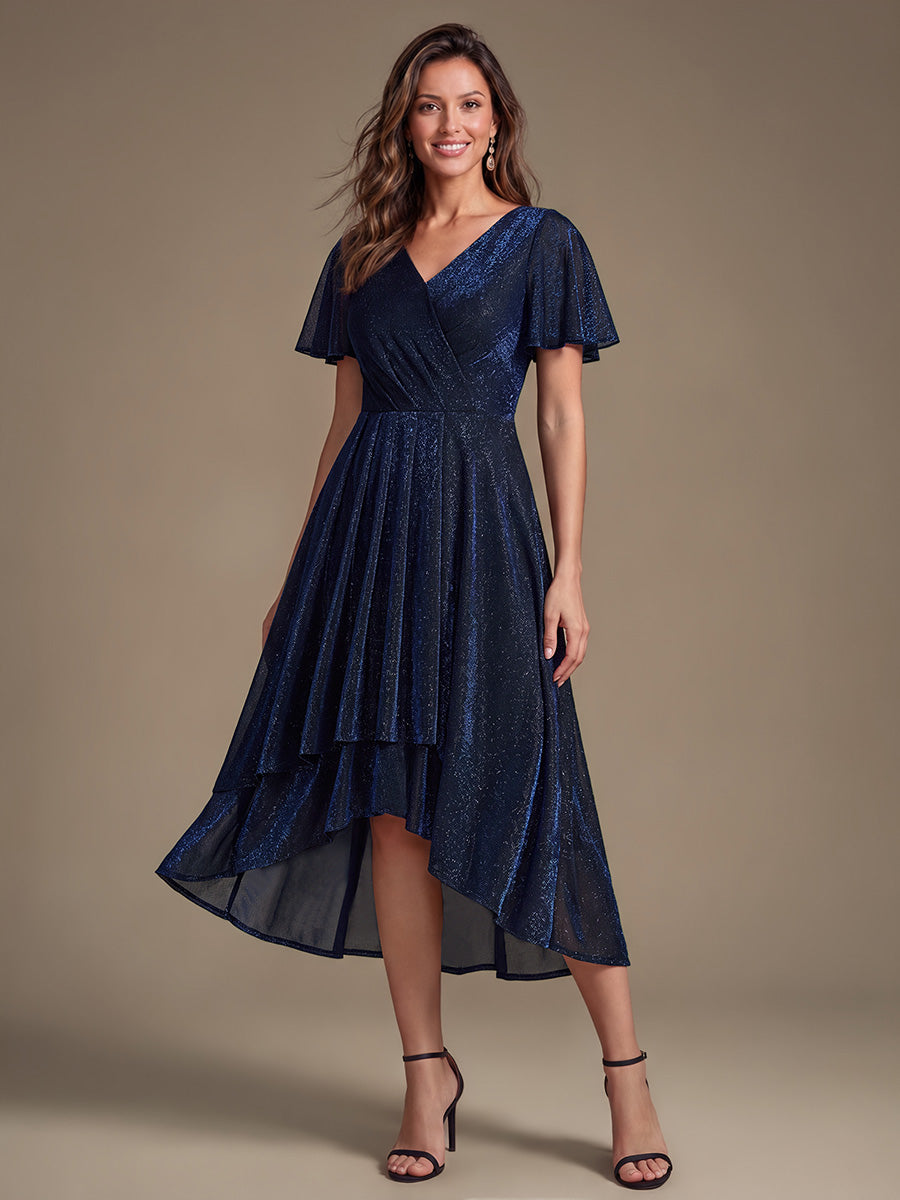 Asymmetrischer Saum Kleid Überkreuzter Ausschnitt A-Linien Schnitt Lurex Netzstoff 3D Drapierung Taschentuchsaum #Farbe_Marineblau