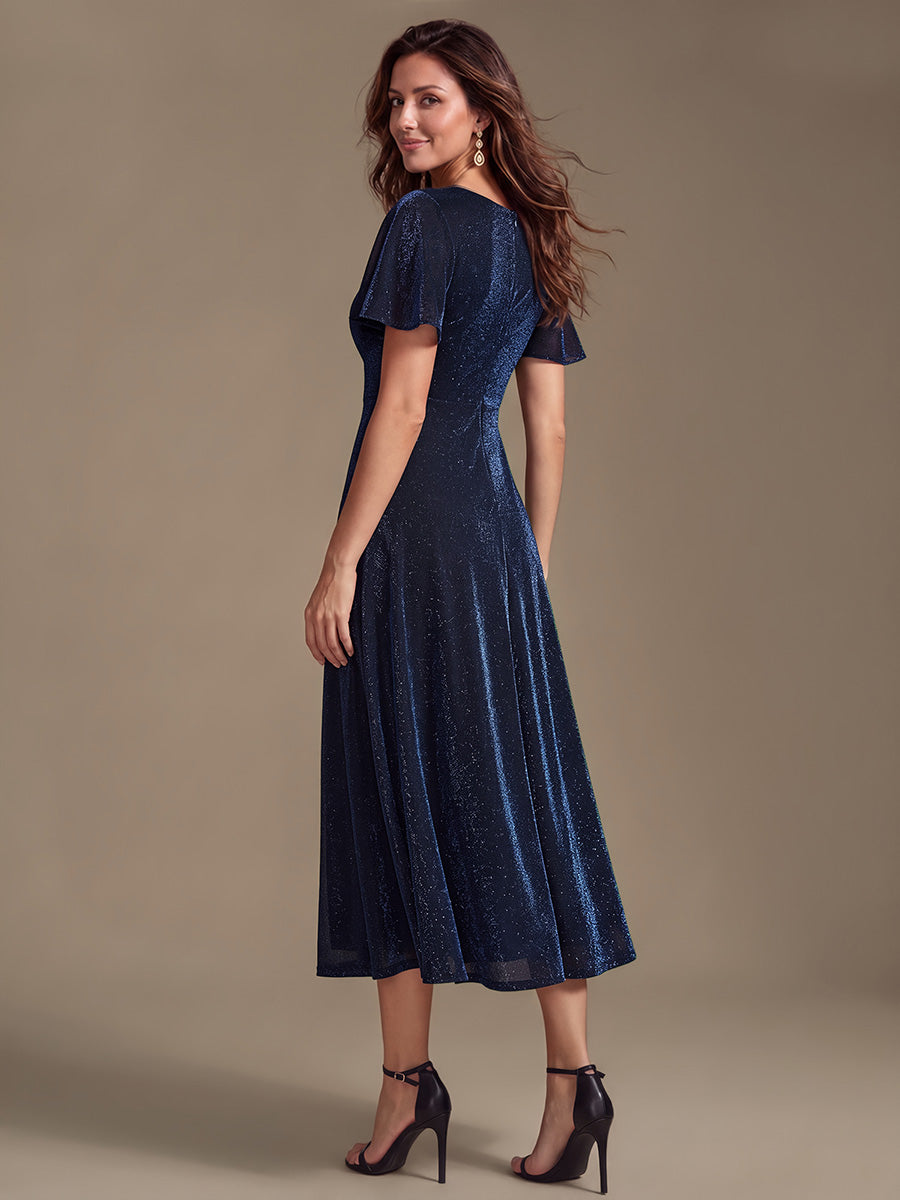 Asymmetrischer Saum Kleid Überkreuzter Ausschnitt A-Linien Schnitt Lurex Netzstoff 3D Drapierung Taschentuchsaum #Farbe_Marineblau