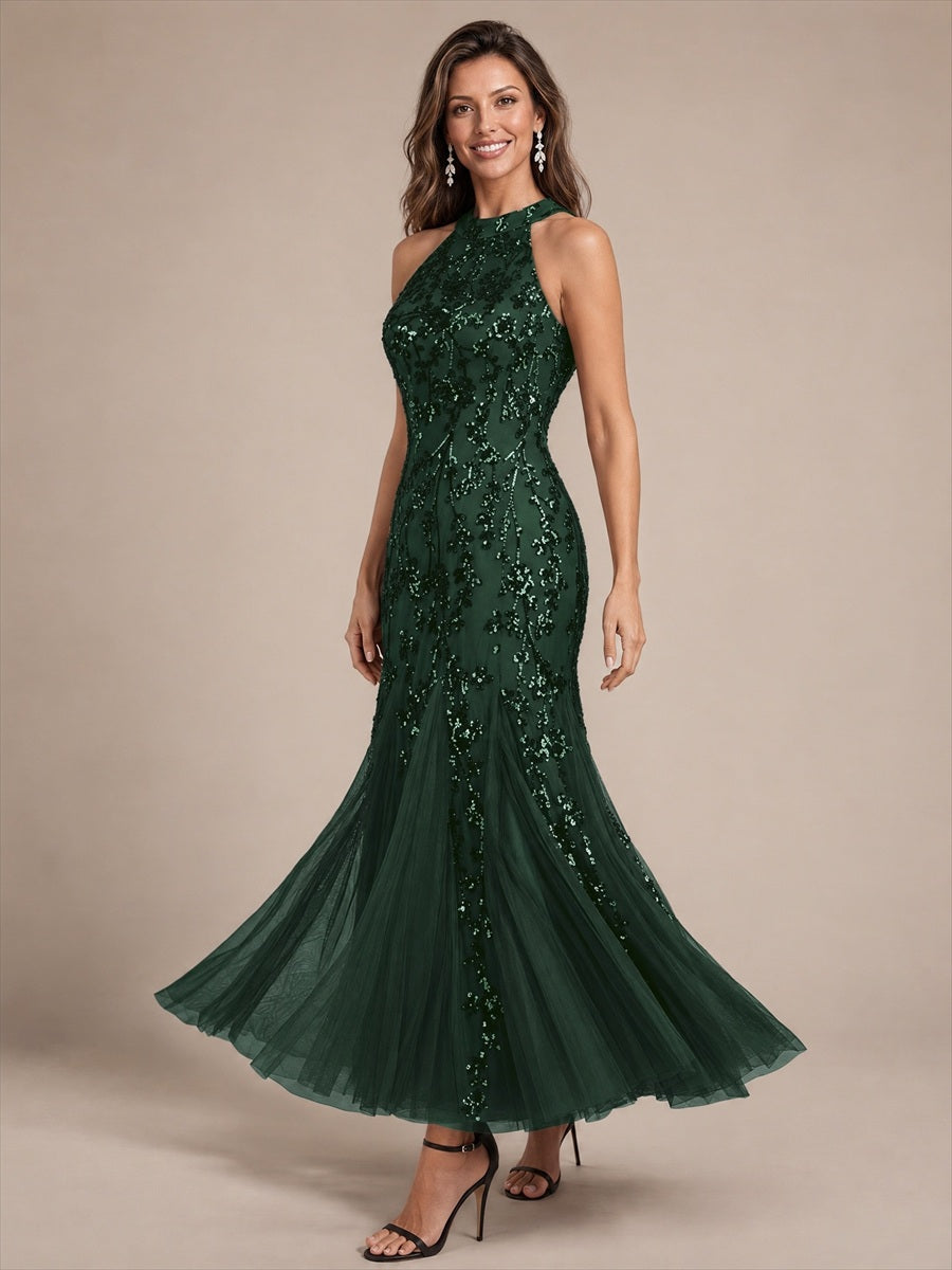Maxilänge Halternacken Ausschnitt Figurbetontes Kleid Aus Pailletten Corsage Tüll Volants Kleid #Farbe_Dunkles Waldgrün