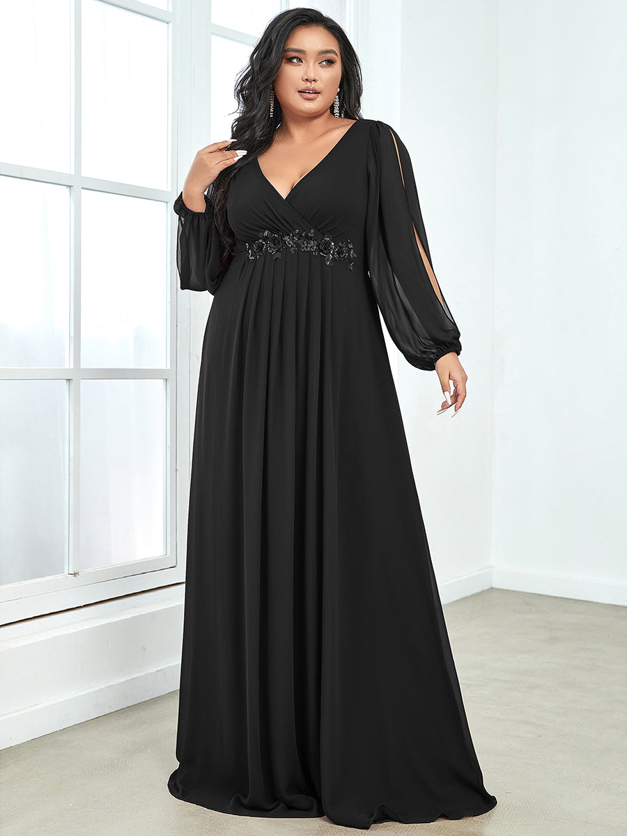 A-Linie Chiffon Lang mit Ärmel Brautmutterkleider #Farbe_Schwarz