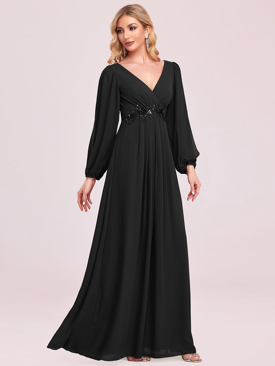 A-Linie Chiffon Lang mit Ärmel Brautmutterkleider #Farbe_Schwarz