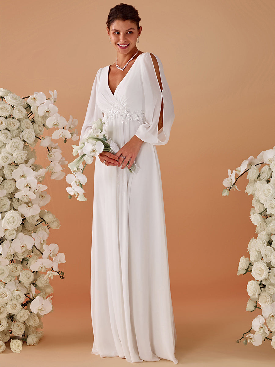A-Linie Chiffon Lang mit Ärmel Brautmutterkleider #Farbe_Creme