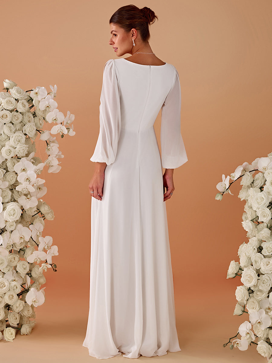 A-Linie Chiffon Lang mit Ärmel Brautmutterkleider #Farbe_Creme
