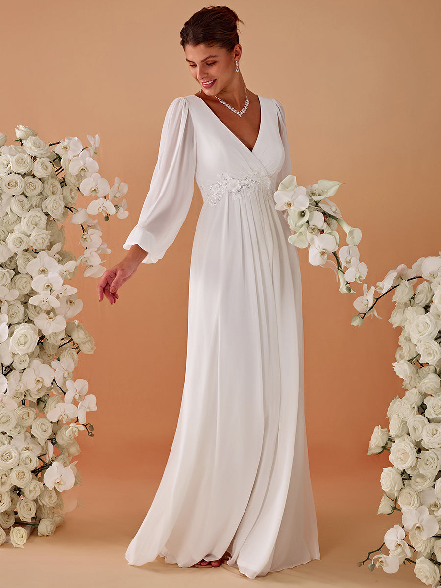A-Linie Chiffon Lang mit Ärmel Brautmutterkleider #Farbe_Creme