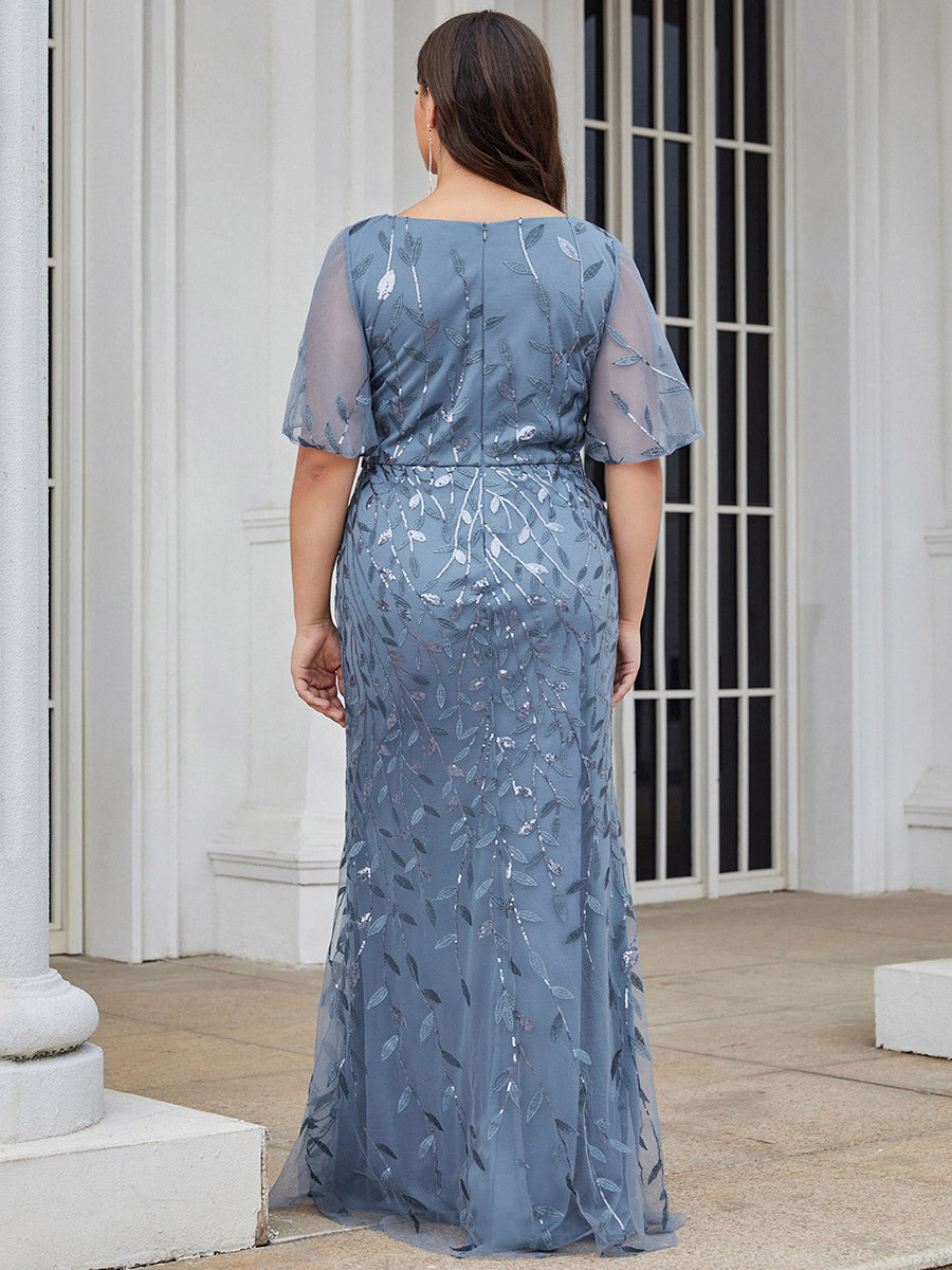 Bodenlanger Meerjungfrau Pailletten Kleid Mit Tiefem V-Ausschnitt Und Blumenmuster Elegantes Abendkleid #Farbe_Taubenblau