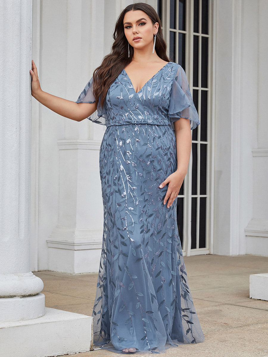 Bodenlanger Meerjungfrau Pailletten Kleid Mit Tiefem V-Ausschnitt Und Blumenmuster Elegantes Abendkleid #Farbe_Taubenblau
