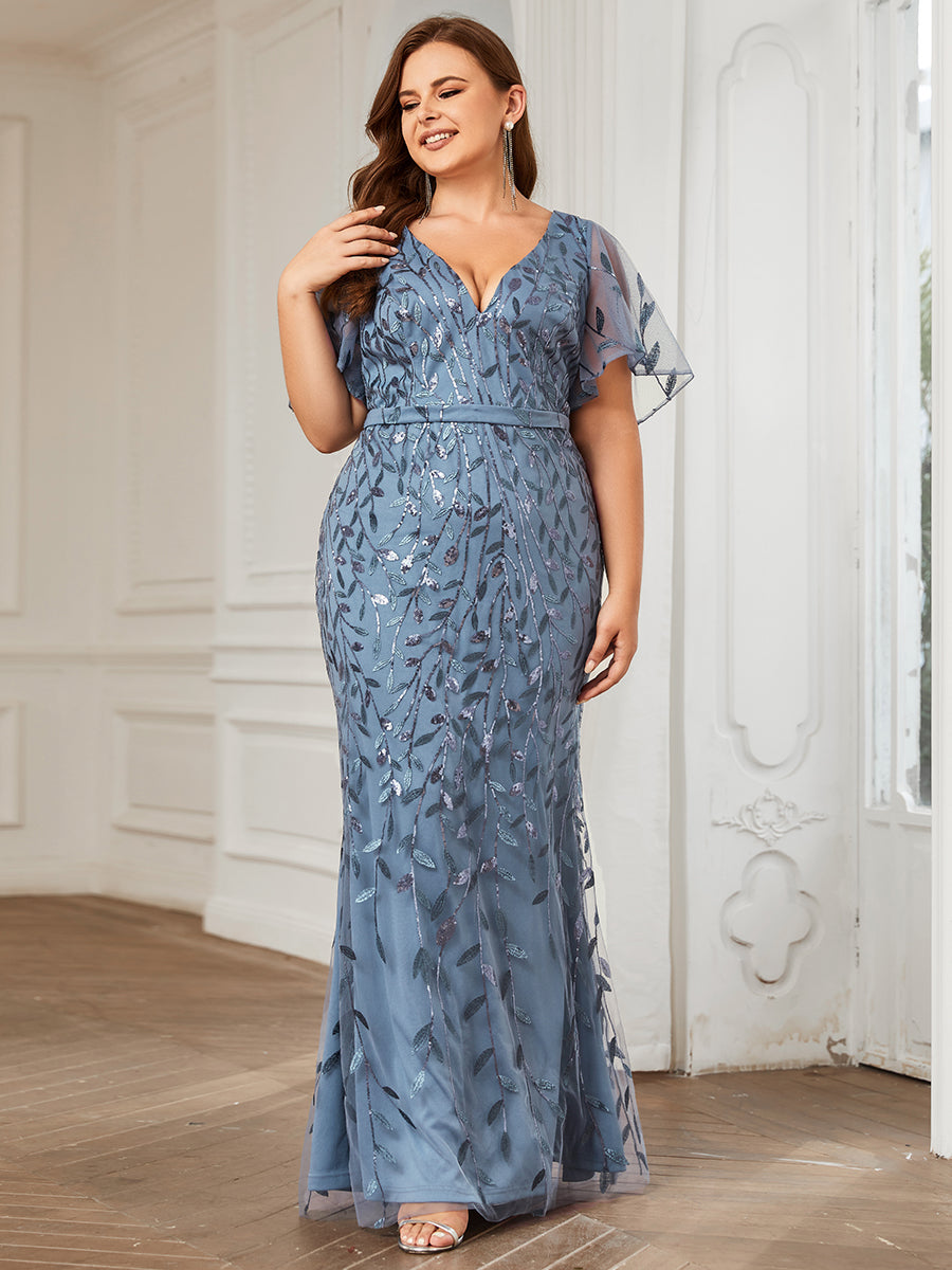 Bodenlanger Meerjungfrau Pailletten Kleid Mit Tiefem V-Ausschnitt Und Blumenmuster Elegantes Abendkleid #Farbe_Taubenblau