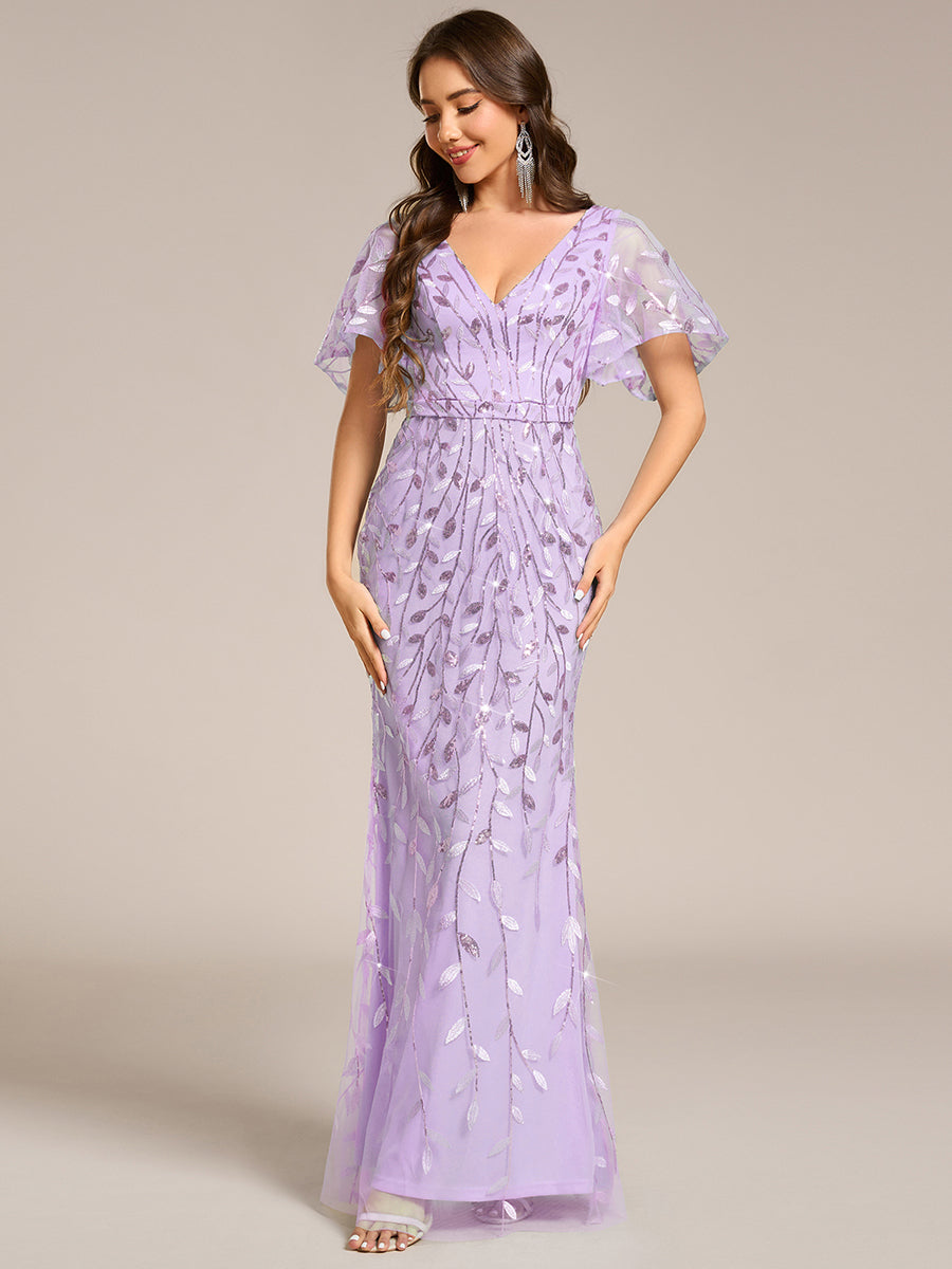 Bodenlanger Meerjungfrau Pailletten Kleid Mit Tiefem V-Ausschnitt Und Blumenmuster Elegantes Abendkleid #Farbe_Lavendel