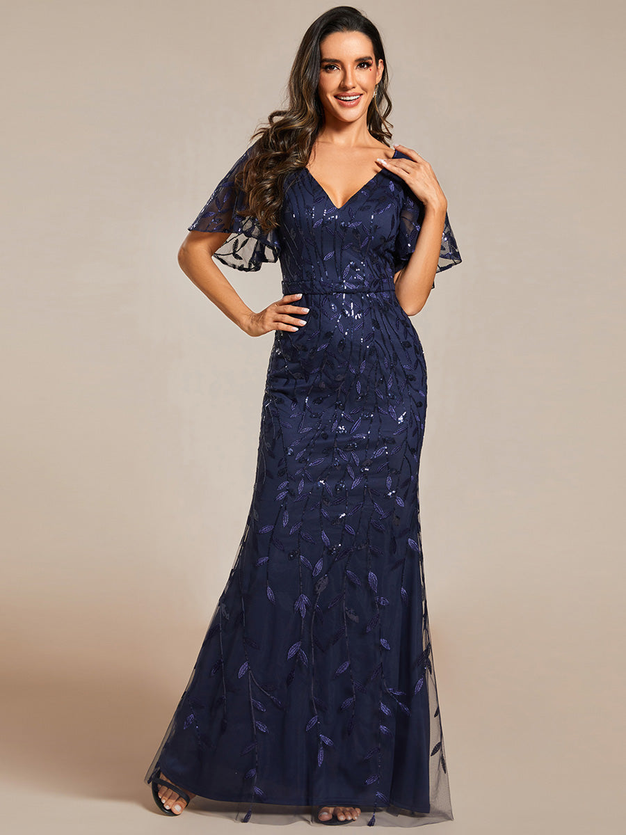 Bodenlanger Meerjungfrau Pailletten Kleid Mit Tiefem V-Ausschnitt Und Blumenmuster Elegantes Abendkleid #Farbe_Marineblau