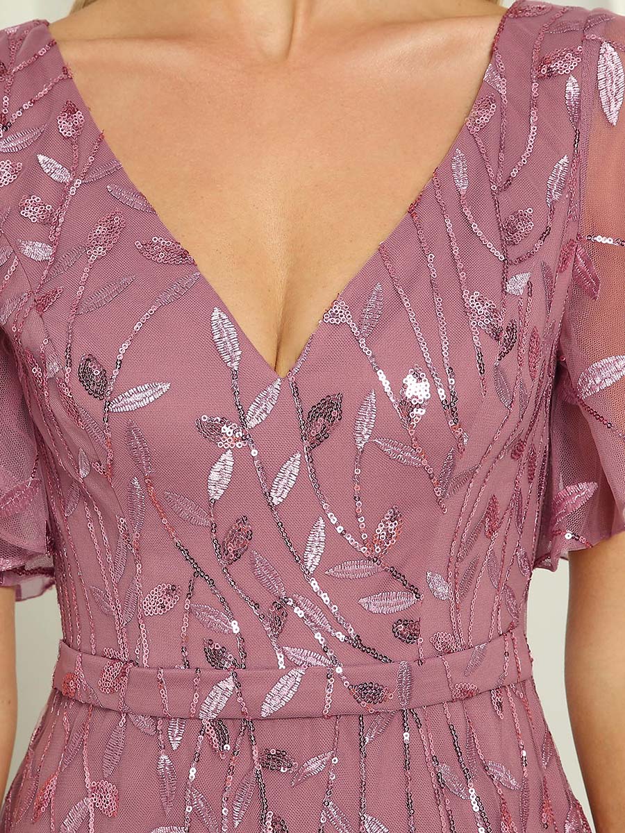 Bodenlanger Meerjungfrau Pailletten Kleid Mit Tiefem V-Ausschnitt Und Blumenmuster Elegantes Abendkleid #Farbe_Orchideenviolett