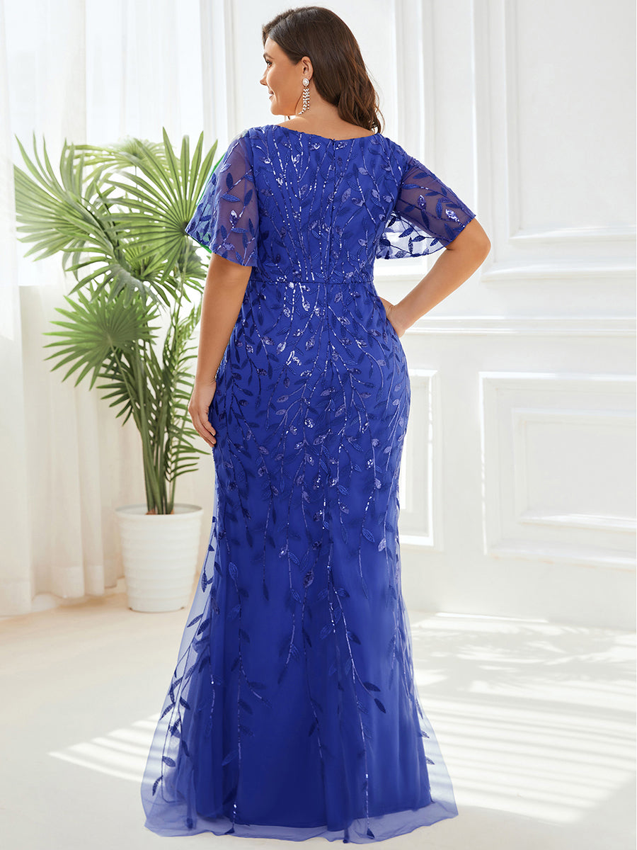 Bodenlanger Meerjungfrau Pailletten Kleid Mit Tiefem V-Ausschnitt Und Blumenmuster Elegantes Abendkleid #Farbe_Saphirblau