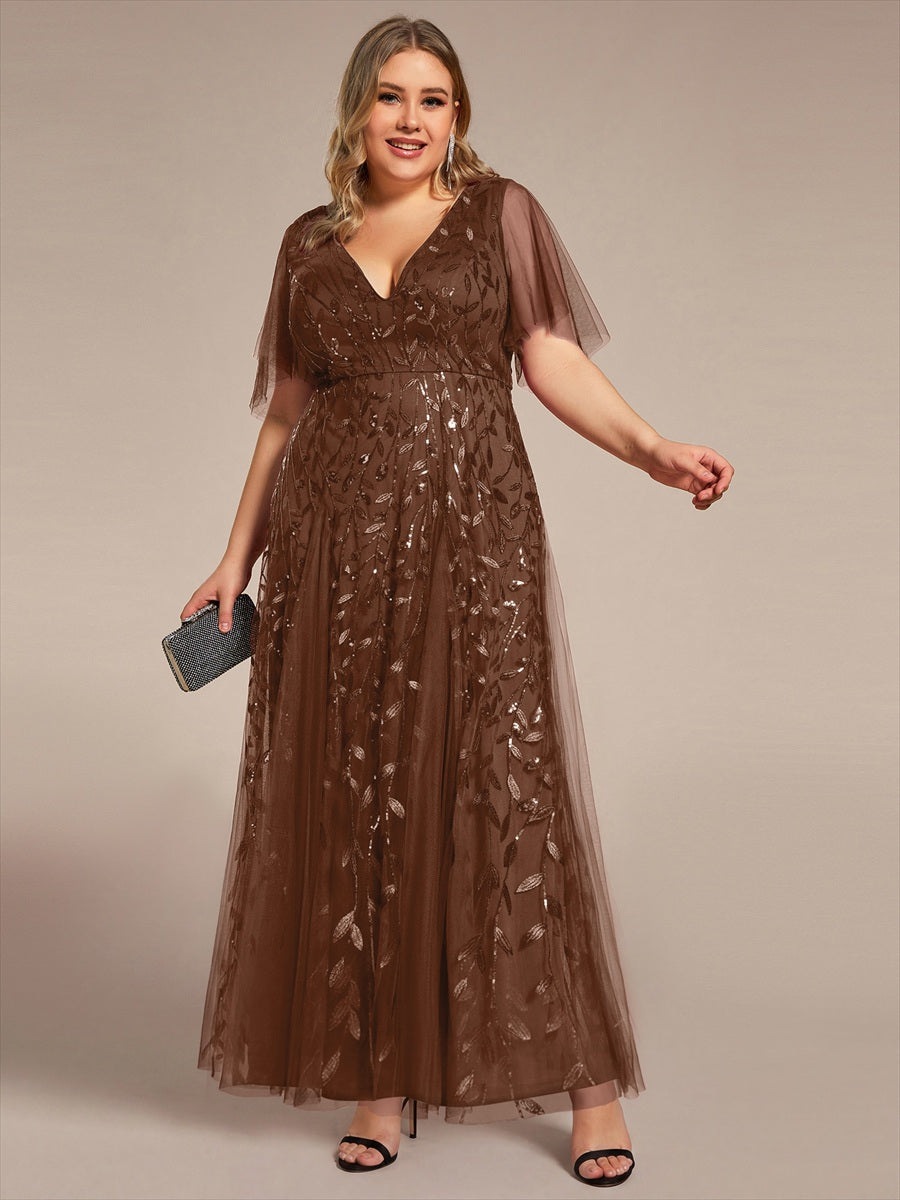 Bodenlanger V-Ausschnitt A-Linie Pailletten Kleid Mit Tiefem V-Ausschnitt Und Funkelnden Details #Farbe_Braun