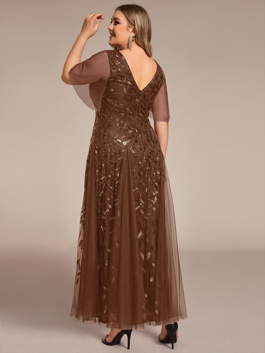 Bodenlanger V-Ausschnitt A-Linie Pailletten Kleid Mit Tiefem V-Ausschnitt Und Funkelnden Details #Farbe_Braun