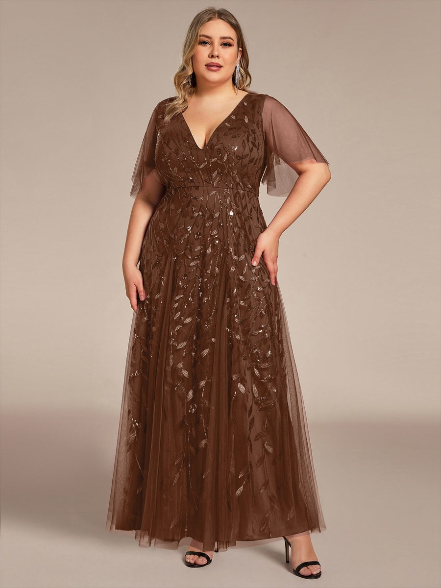 Bodenlanger V-Ausschnitt A-Linie Pailletten Kleid Mit Tiefem V-Ausschnitt Und Funkelnden Details #Farbe_Braun