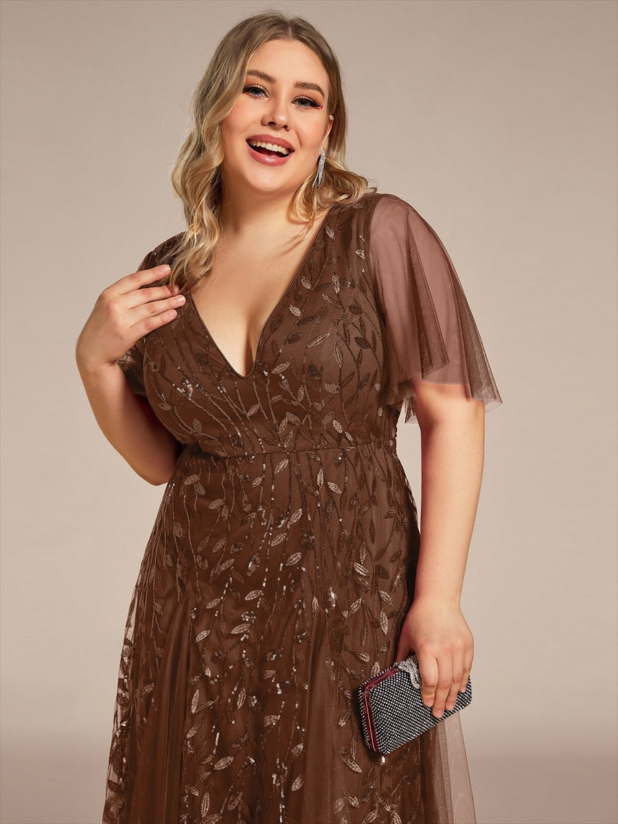 Bodenlanger V-Ausschnitt A-Linie Pailletten Kleid Mit Tiefem V-Ausschnitt Und Funkelnden Details #Farbe_Braun