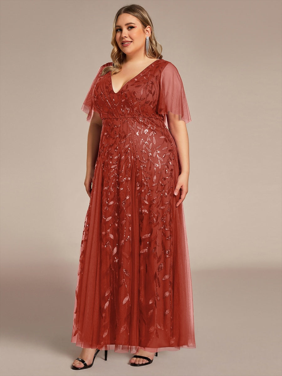 Bodenlanger V-Ausschnitt A-Linie Pailletten Kleid Mit Tiefem V-Ausschnitt Und Funkelnden Details #Farbe_Gebranntes Orange