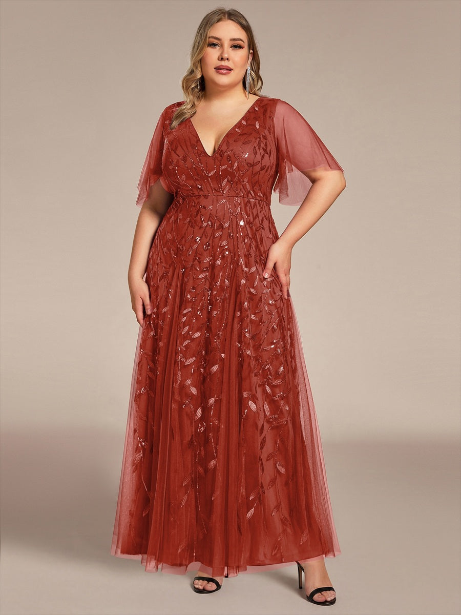 Bodenlanger V-Ausschnitt A-Linie Pailletten Kleid Mit Tiefem V-Ausschnitt Und Funkelnden Details #Farbe_Gebranntes Orange