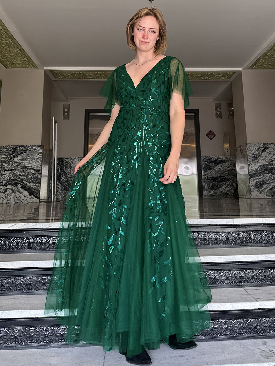 Bodenlanger V-Ausschnitt A-Linie Pailletten Kleid Mit Tiefem V-Ausschnitt Und Funkelnden Details #Farbe_Dunkelgrün